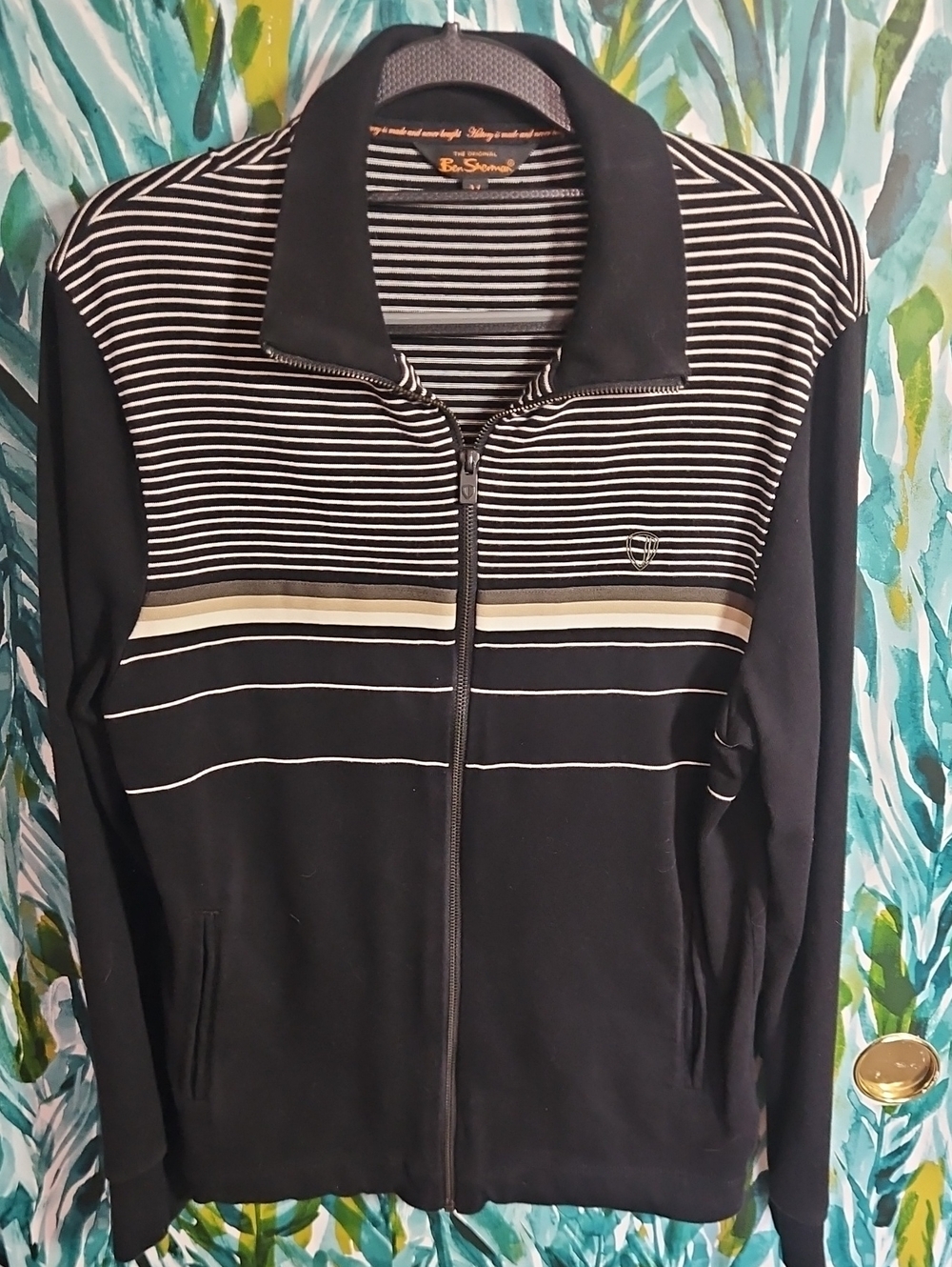 Ben Sherman Black Full Zip Sweater with Cream and White Stripes - Size M